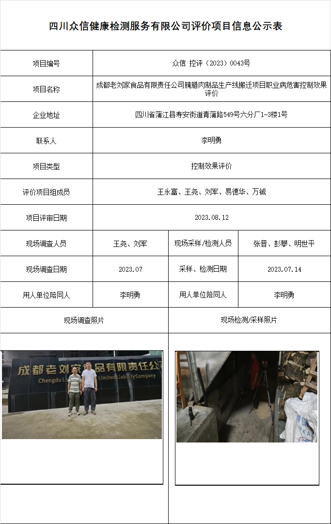 成都老刘家食品有限责任公司控制效果评价