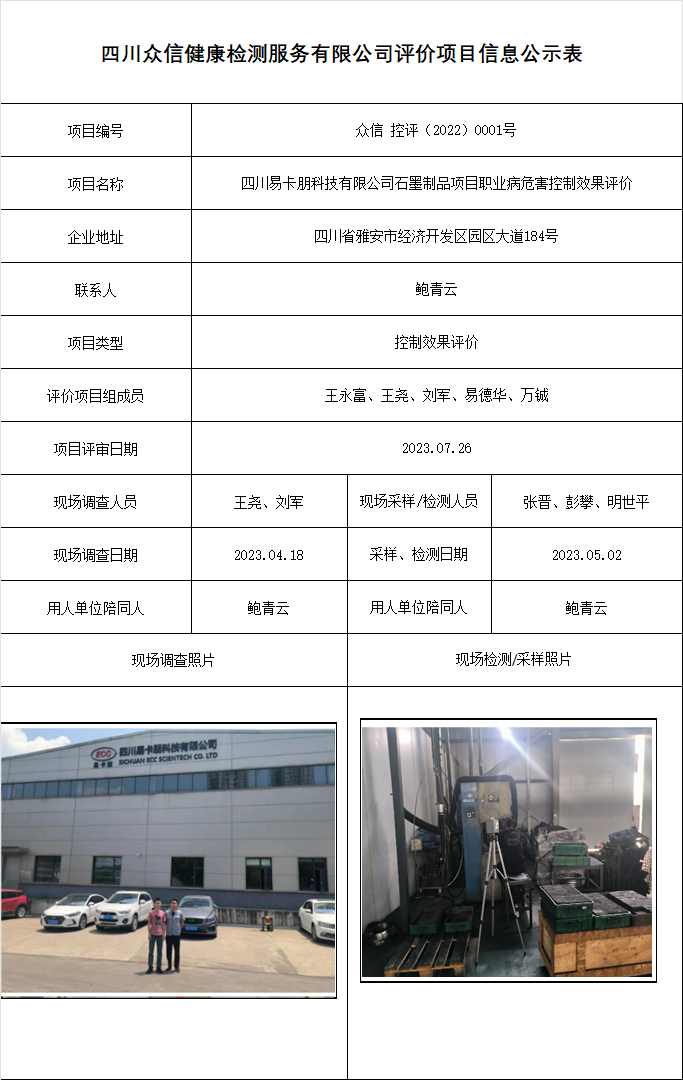 四川易卡朋科技有限公司石墨制品项目职业病危害控制效果评价
