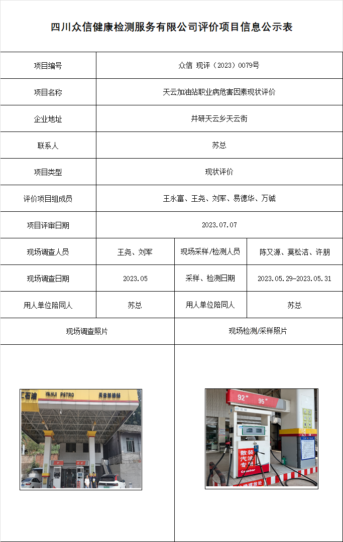天云加油站职业病危害因素现状评价