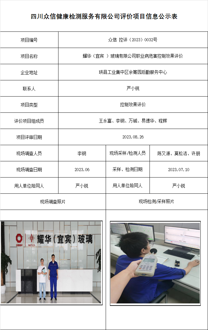耀华（宜宾 ）玻璃有限公司职业病危害控制效果评价
