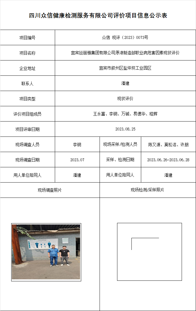 宜宾丝丽雅集团有限公司原液制造部职业病危害因素现状评价