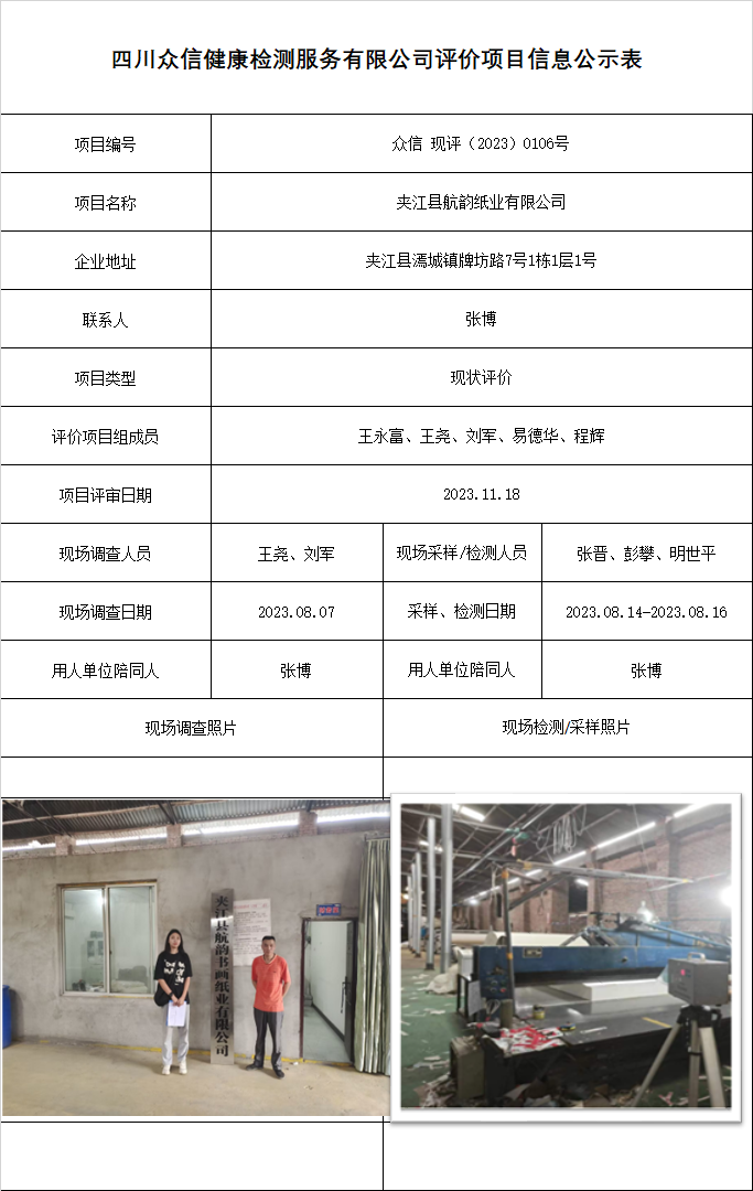 夹江县航韵纸业有限公司现状评价