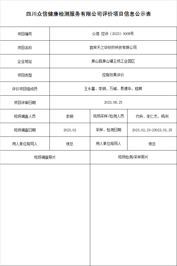 宜宾天之华纺织科技有限公司控制效果评价