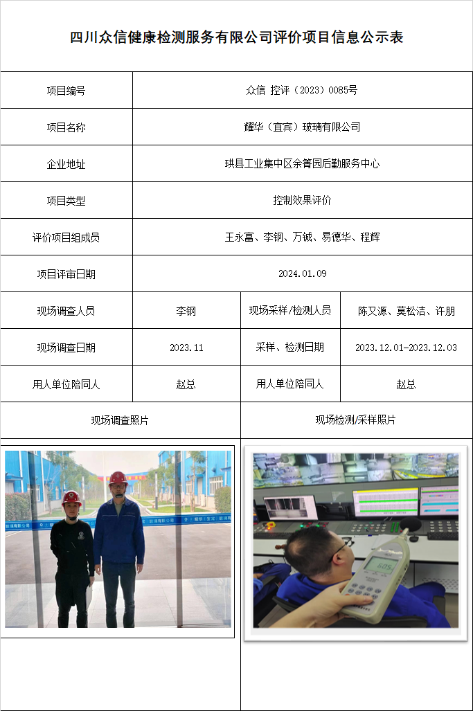 耀华（宜宾）玻璃有限公司控制效果评价