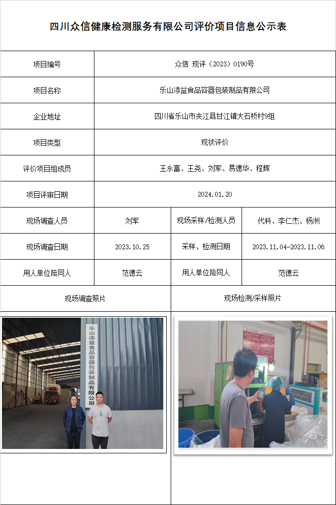 乐山添益食品容器包装制品有限公司现状评价