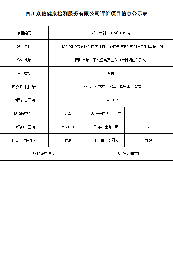 四川兴宇航科技有限公司夹江县兴宇航先进复合材料只能制造新建项目专篇