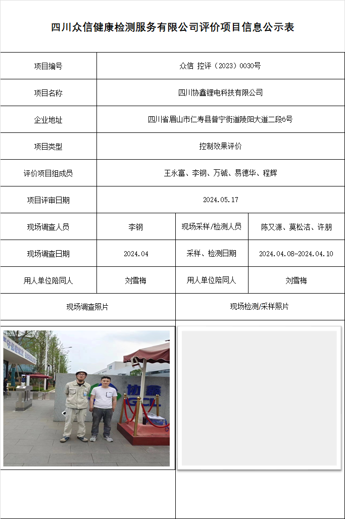 四川协鑫锂电科技有限公司控制效果评价