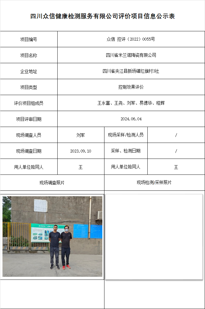 四川省米兰诺陶瓷有限公司控制效果评价