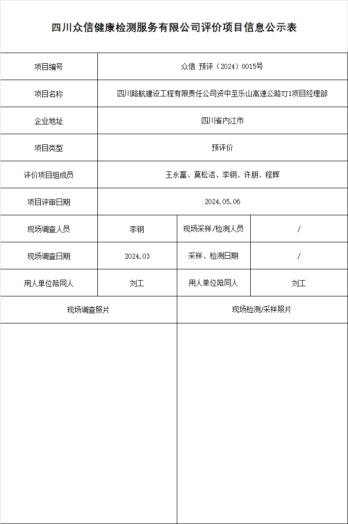 四川路航建设工程有限责任公司资中至乐山高速公路TJ1项目经理部预评价