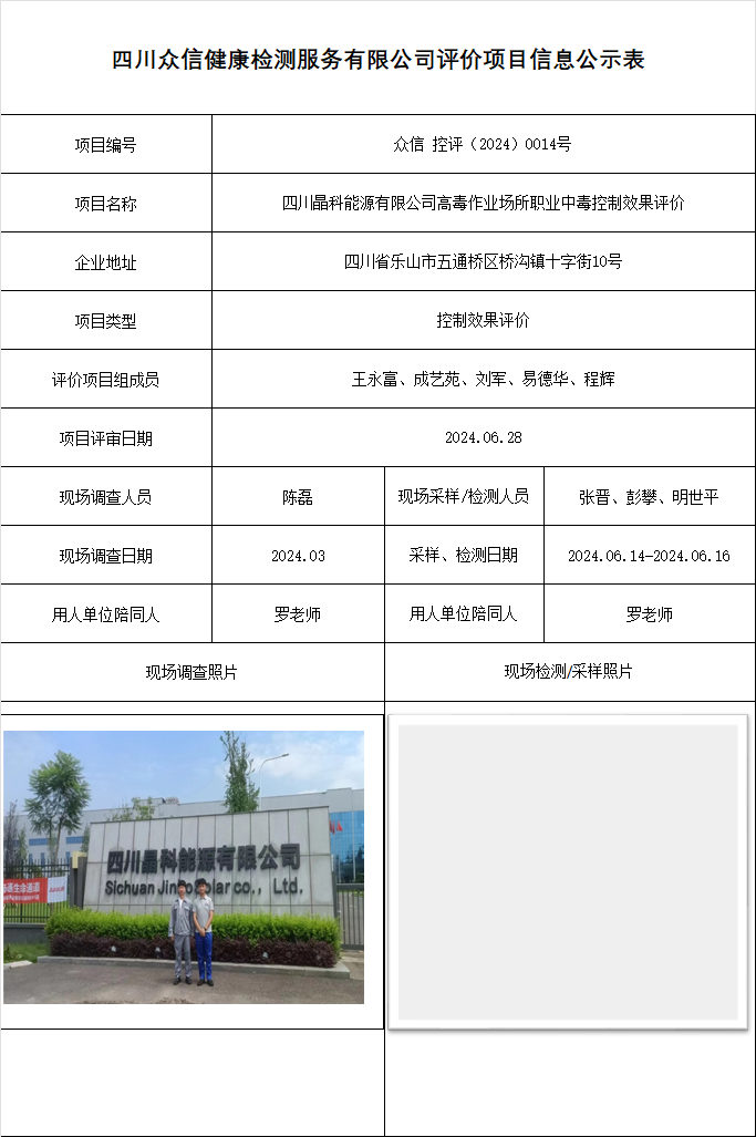 四川晶科能源有限公司高毒作业场所职业中毒控制效果评价