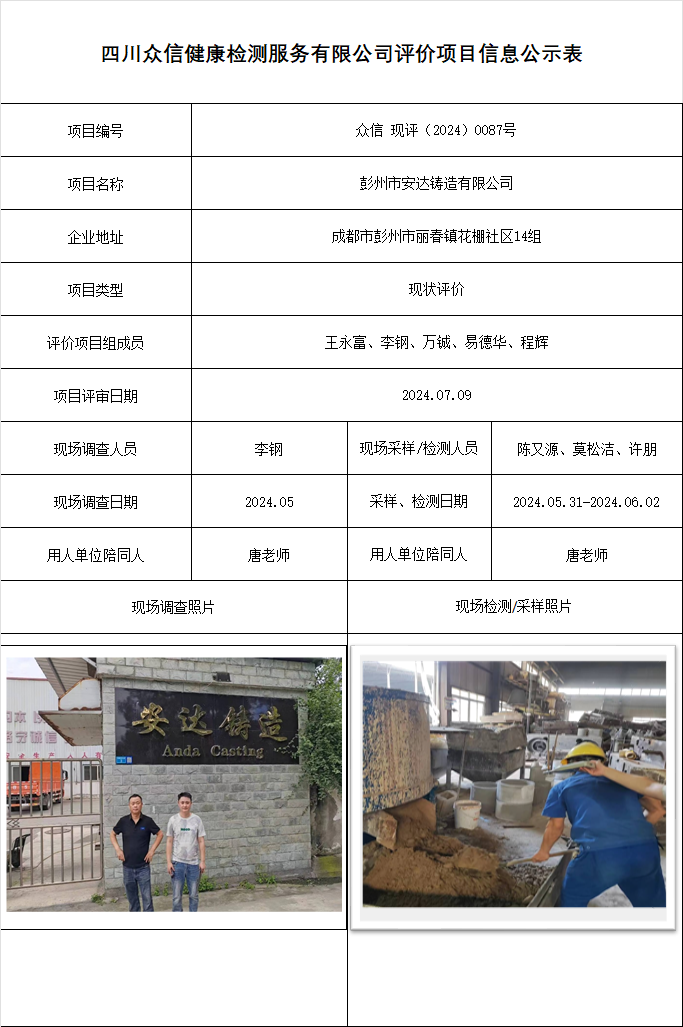 彭州市安达铸造有限公司现状评价