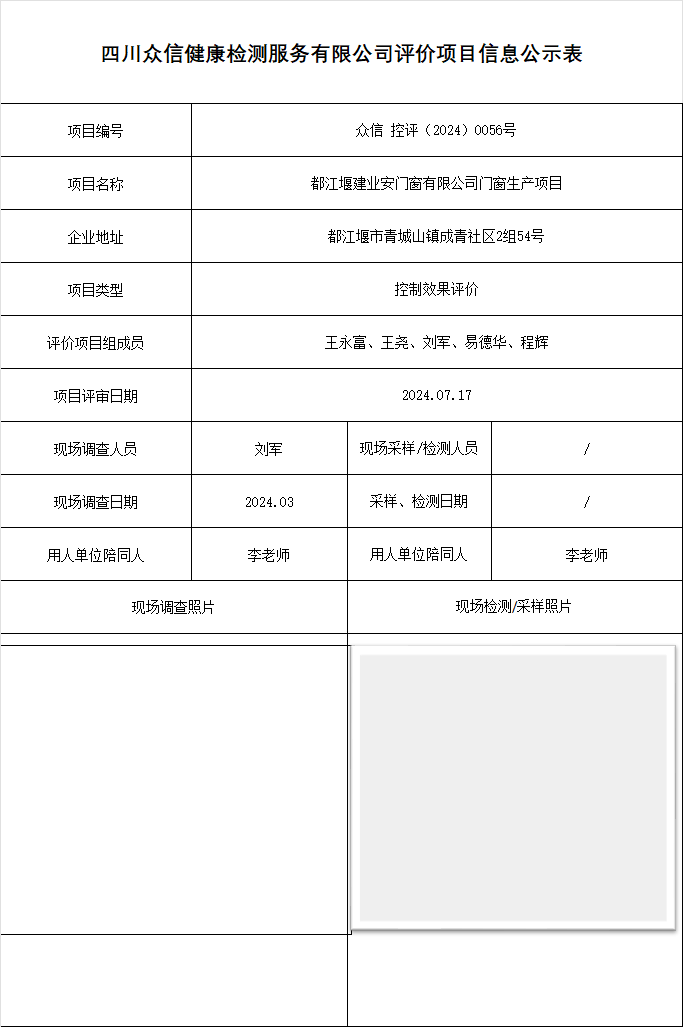 都江堰建业安门窗有限公司控制效果评价