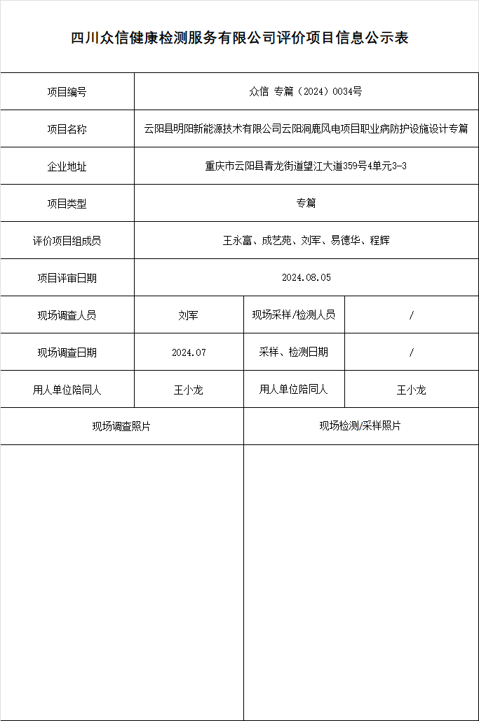 云阳县明阳新能源技术有限公司云阳洞鹿风电项目职业病防护设施设计专篇
