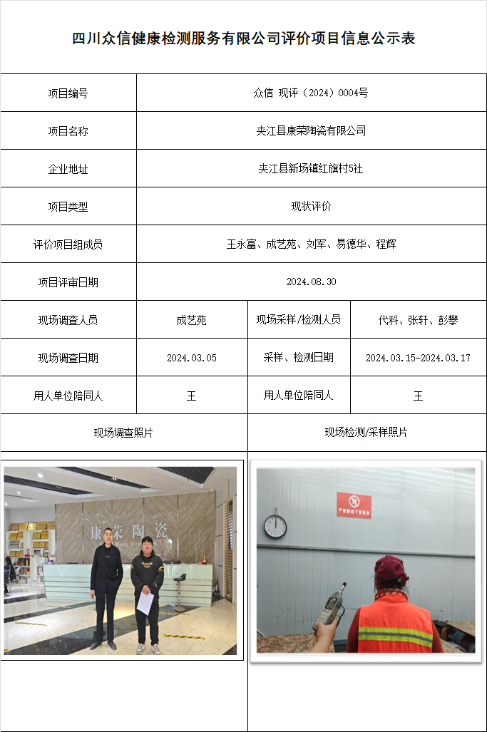 夹江县康荣陶瓷有限公司现状评价