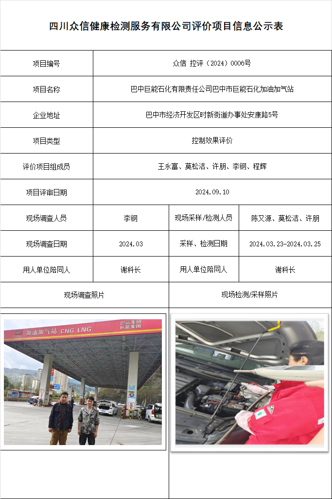 巴中巨能石化有限责任公司巴中市巨能石化加油加气站控制效果评价