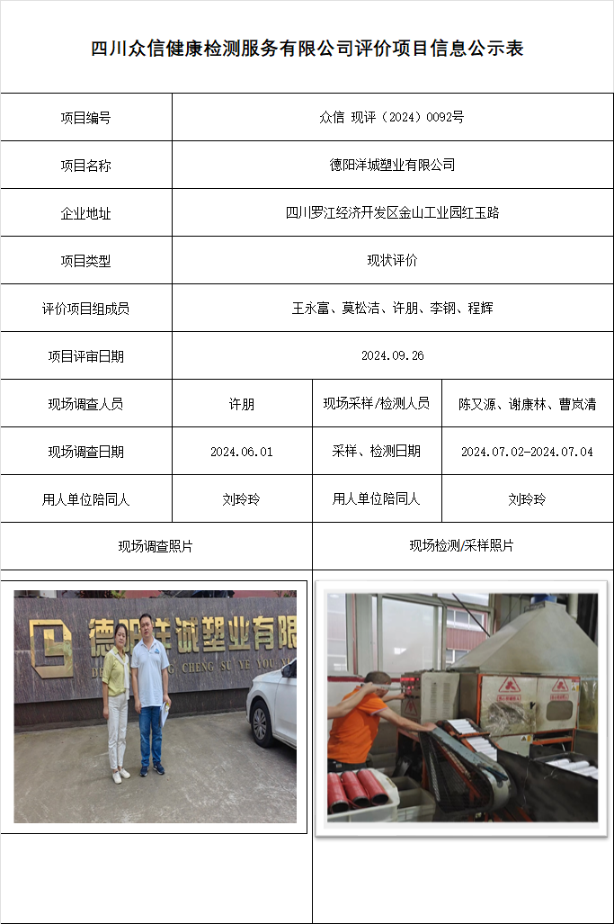 德阳洋城塑业有限公司现状评价