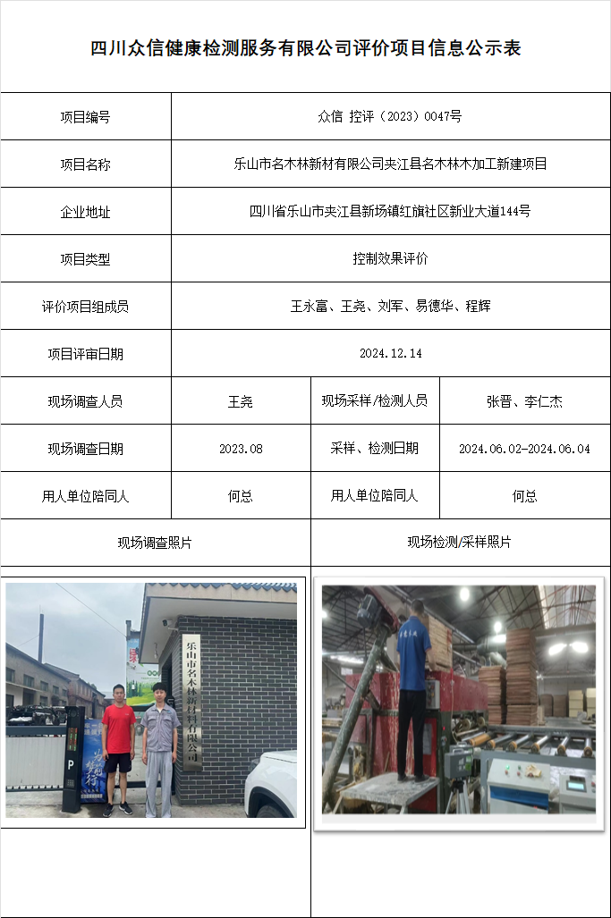 乐山市名木林新材有限公司夹江县名木林木加工新建项目控评