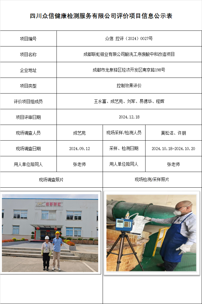 成都联虹钼业有限公司酸洗工序废酸中和改造项目控评