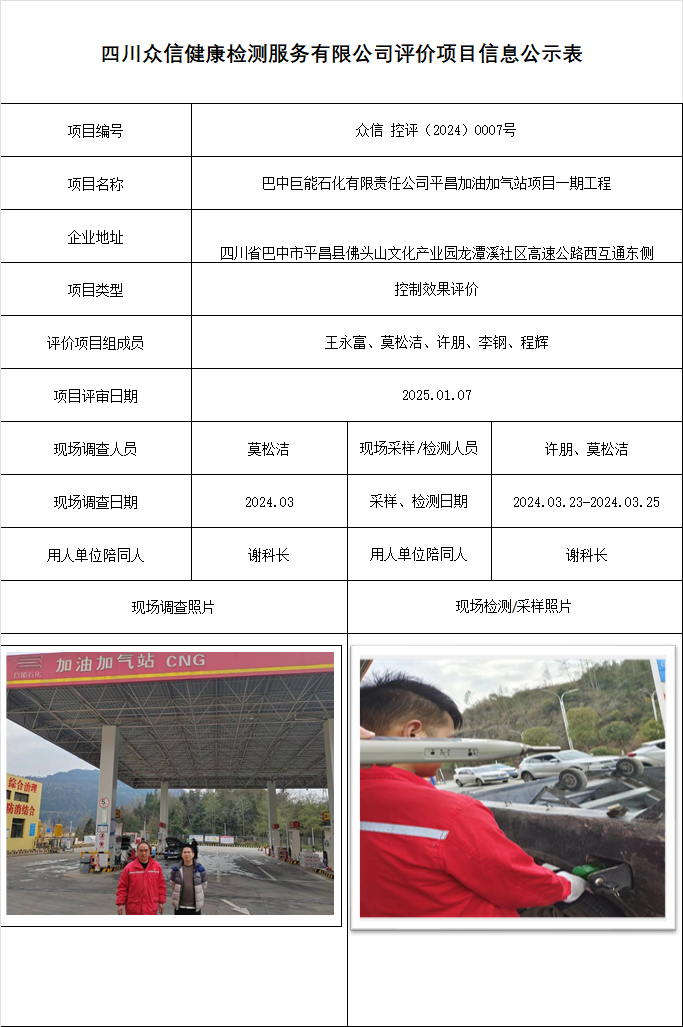 巴中巨能石化有限责任公司平昌加油加气站项目一期工程控制效果评价