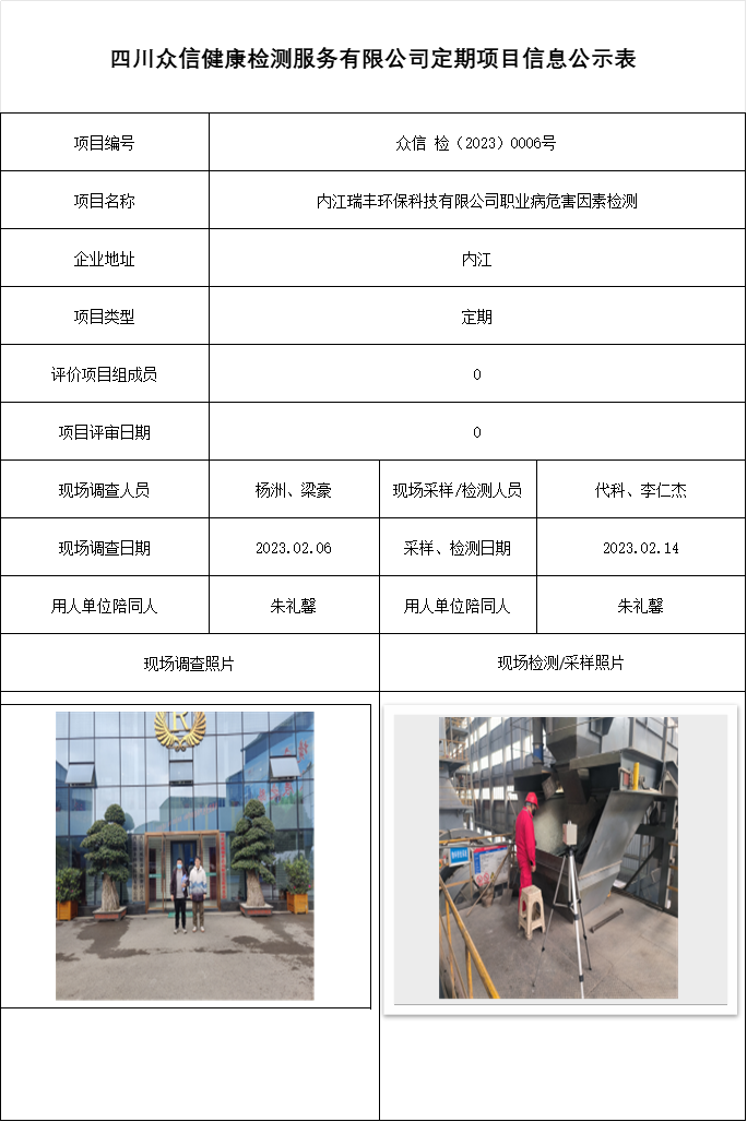 内江瑞丰环保科技有限公司职业病危害因素检测