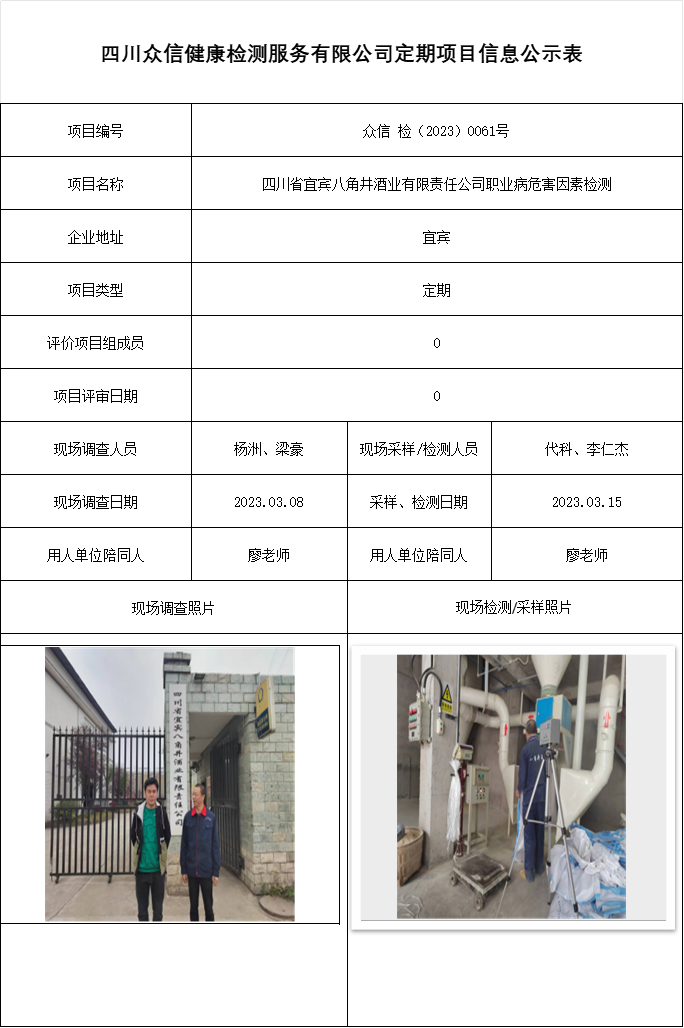 四川省宜宾八角井酒业有限责任公司职业病危害因素检测