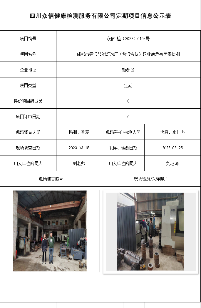 成都市春通节能灯泡厂（普通合伙）职业病危害因素检测