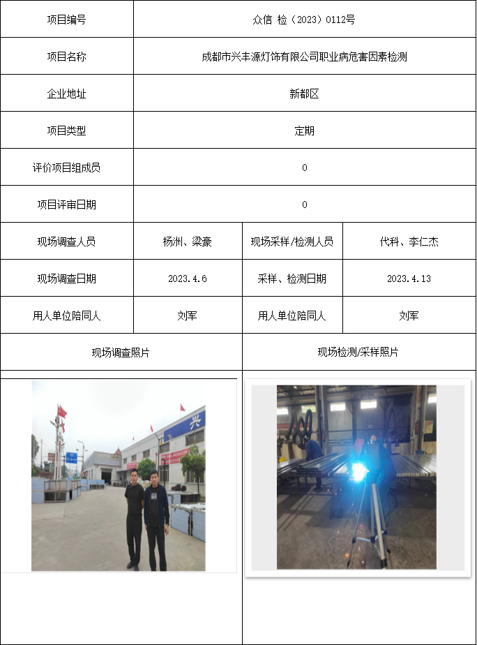 成都市兴丰源灯饰有限公司职业病危害因素检测
