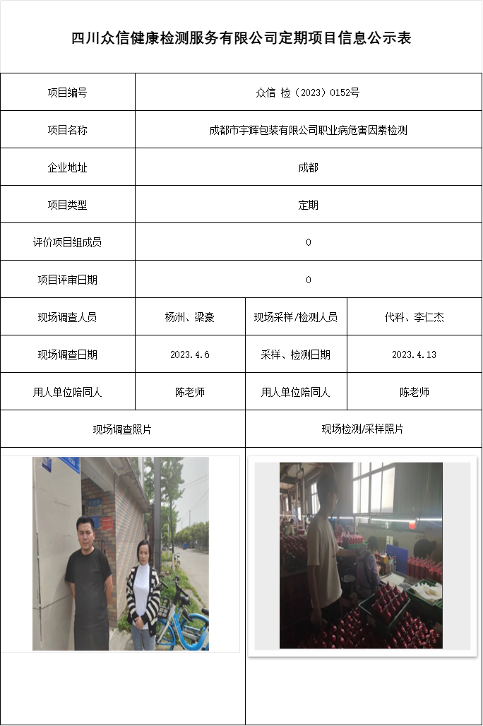 成都市宇辉包装有限公司职业病危害因素检测