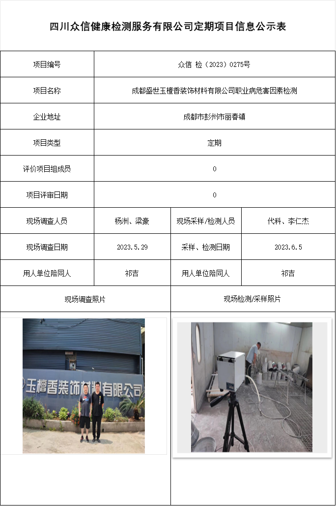 成都盛世玉檀香装饰材料有限公司职业病危害因素检测