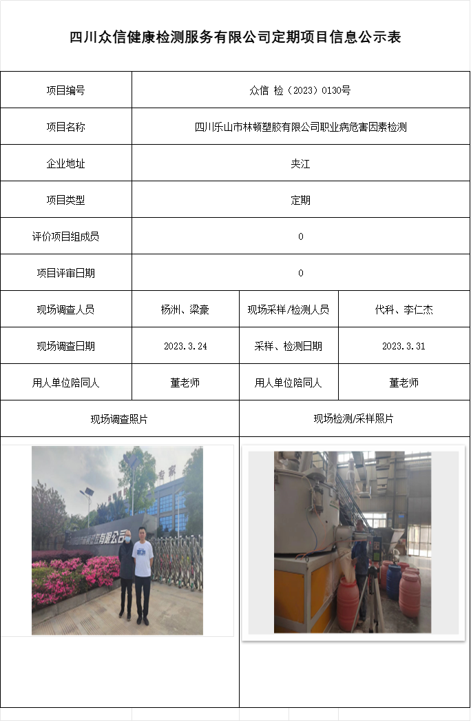 四川乐山市林顿塑胶有限公司职业病危害因素检测
