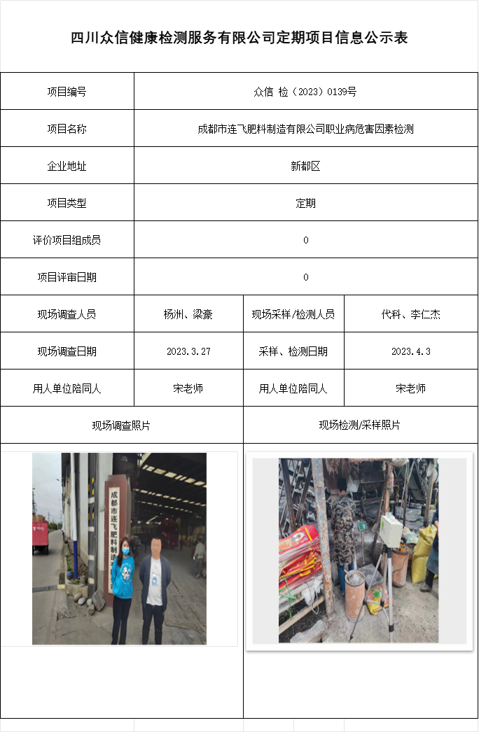 成都市连飞肥料制造有限公司职业病危害因素检测