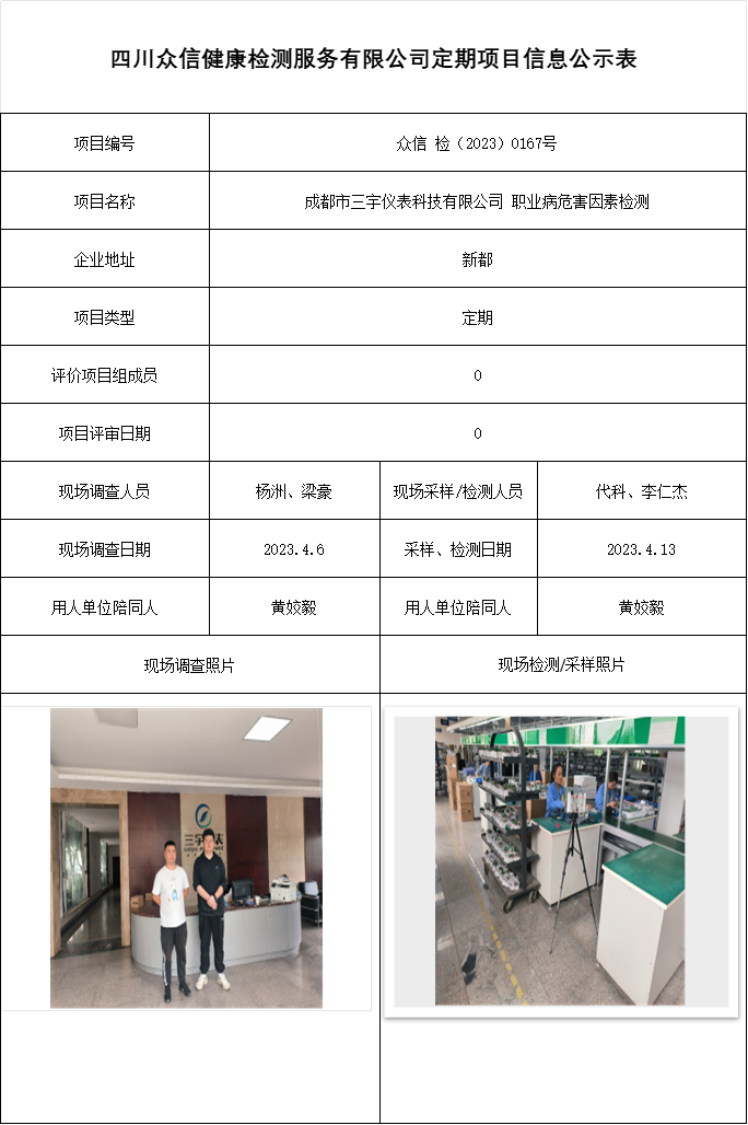 成都市三宇仪表科技有限公司 职业病危害因素检测