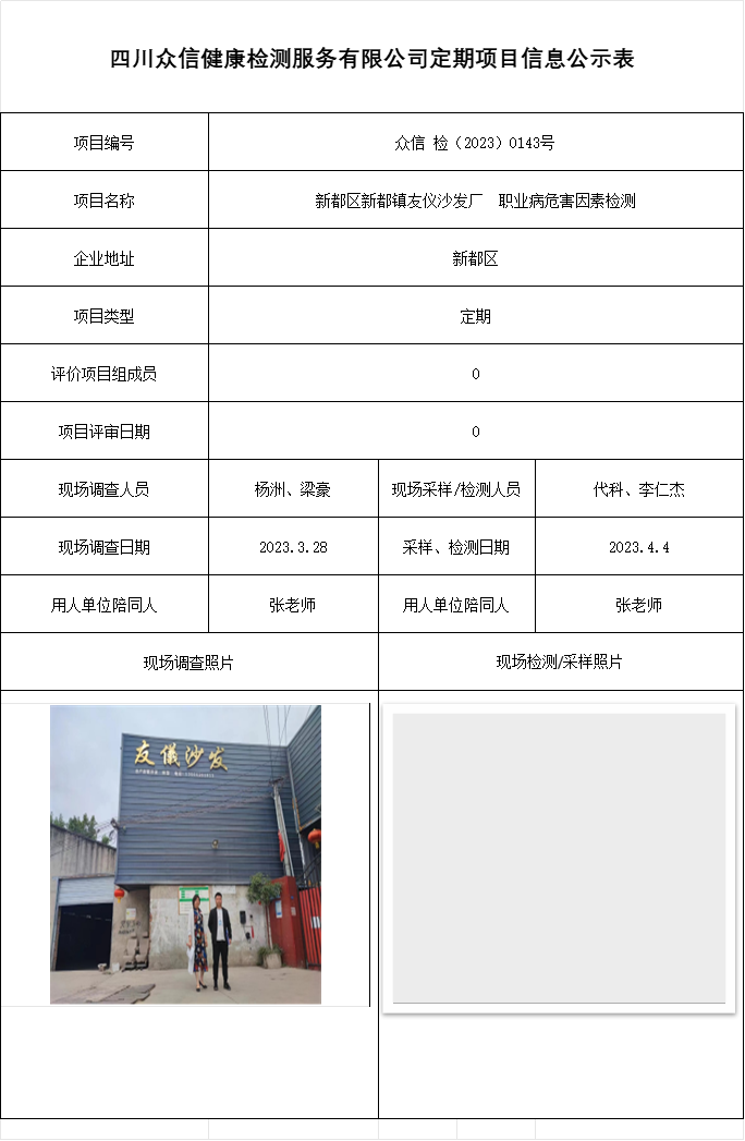 新都区新都镇友仪沙发厂  职业病危害因素检测