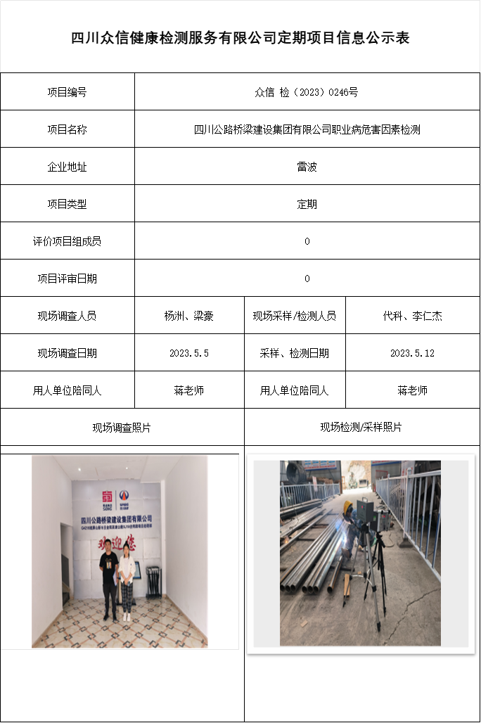 四川公路桥梁建设集团有限公司职业病危害因素检测