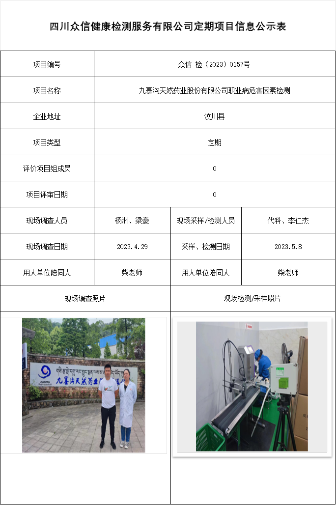 九寨沟天然药业股份有限公司职业病危害因素检测