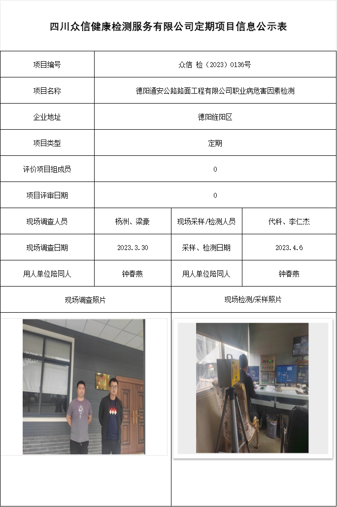 德阳通安公路路面工程有限公司职业病危害因素检测