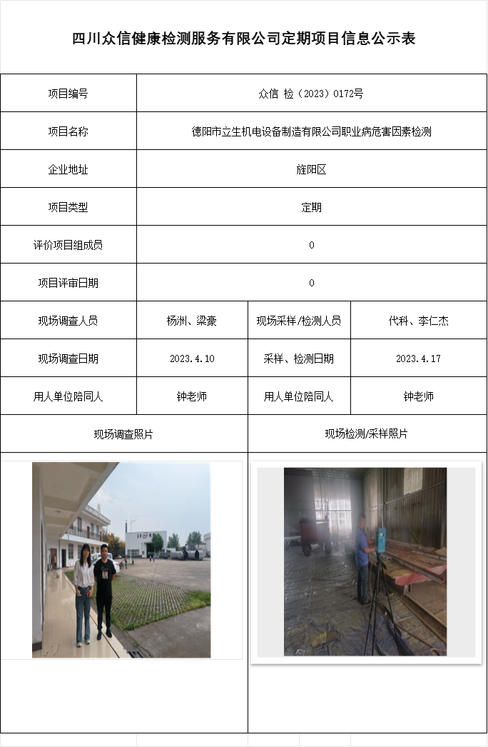 德阳市立生机电设备制造有限公司职业病危害因素检测