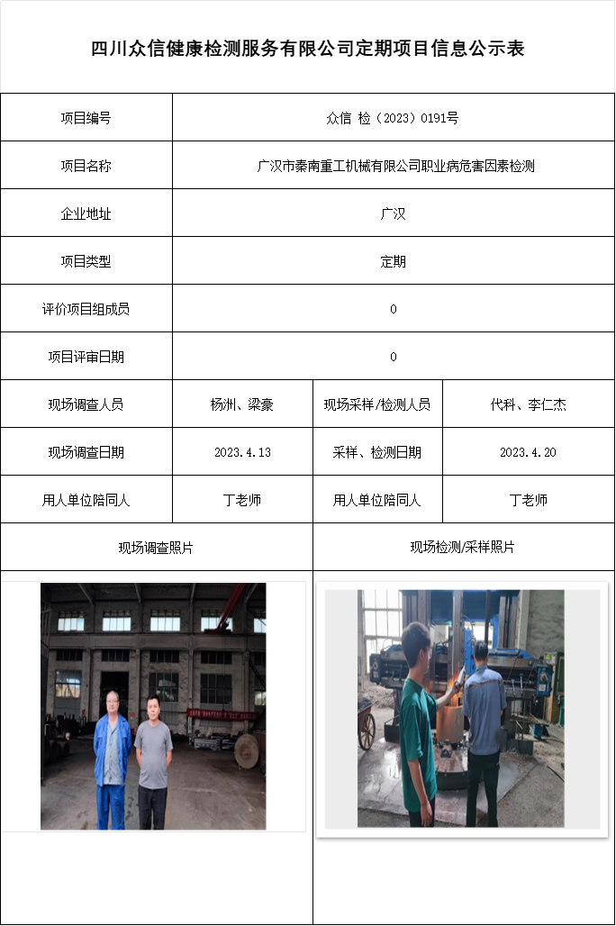  广汉市秦南重工机械有限公司职业病危害因素检测