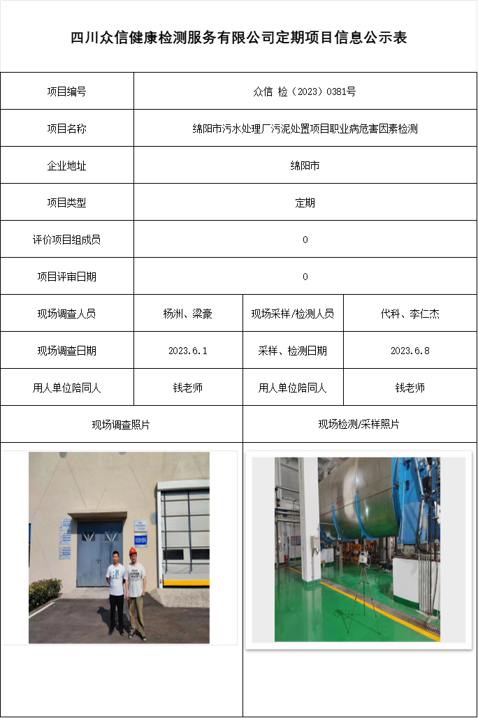 绵阳市污水处理厂污泥处置项目职业病危害因素检测