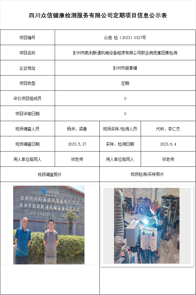 彭州市凯利斯通机械设备租赁有限公司职业病危害因素检测