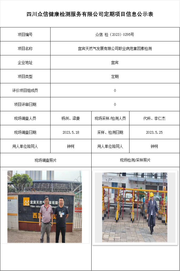 宜宾天然气发展有限公司职业病危害因素检测