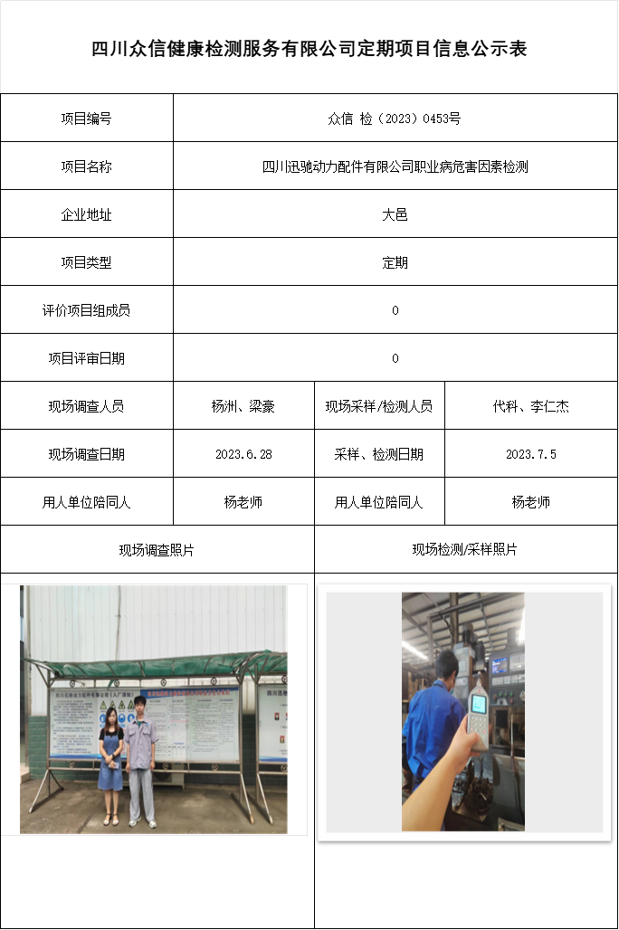 四川迅驰动力配件有限公司职业病危害因素检测