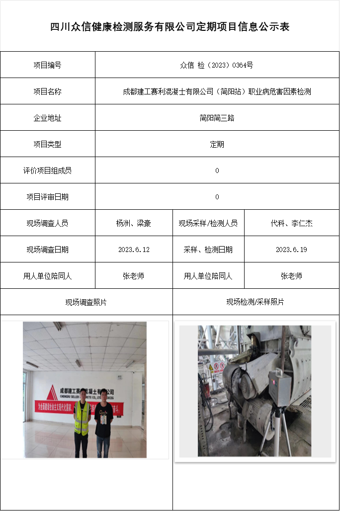 成都建工赛利混凝士有限公司（简阳站）职业病危害因素检测