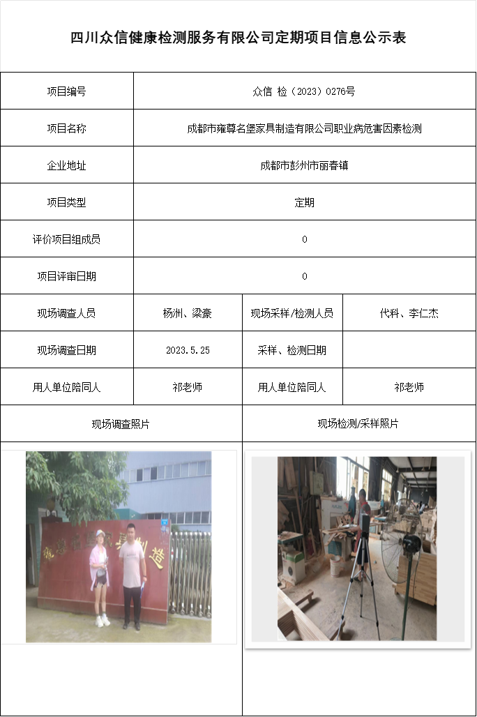 成都市雍尊名堡家具制造有限公司职业病危害因素检测