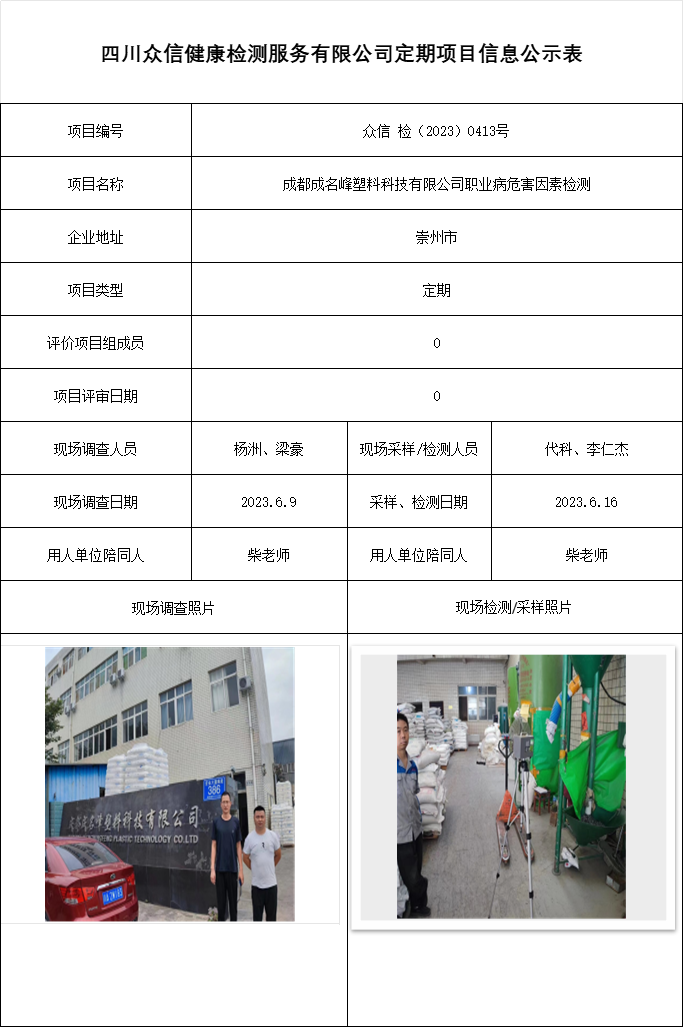 成都成名峰塑料科技有限公司职业病危害因素检测