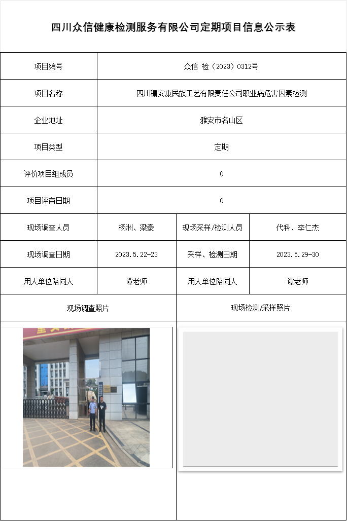 四川穰安康民族工艺有限责任公司职业病危害因素检测