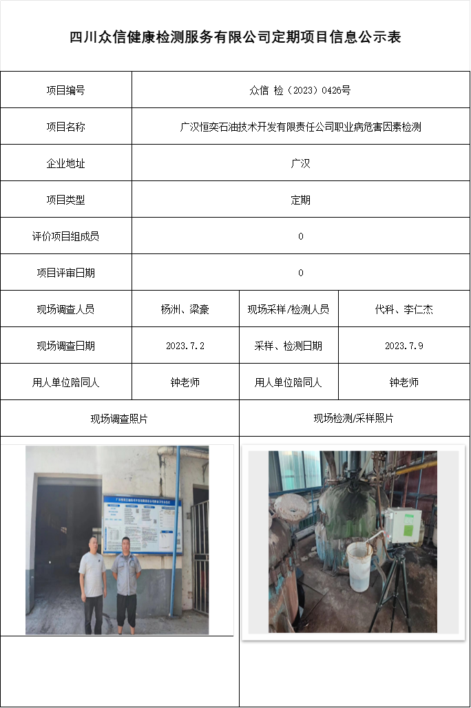 广汉恒奕石油技术开发有限责任公司职业病危害因素检测