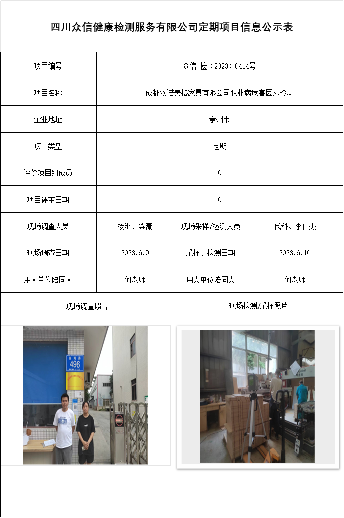 成都欧诺美格家具有限公司职业病危害因素检测