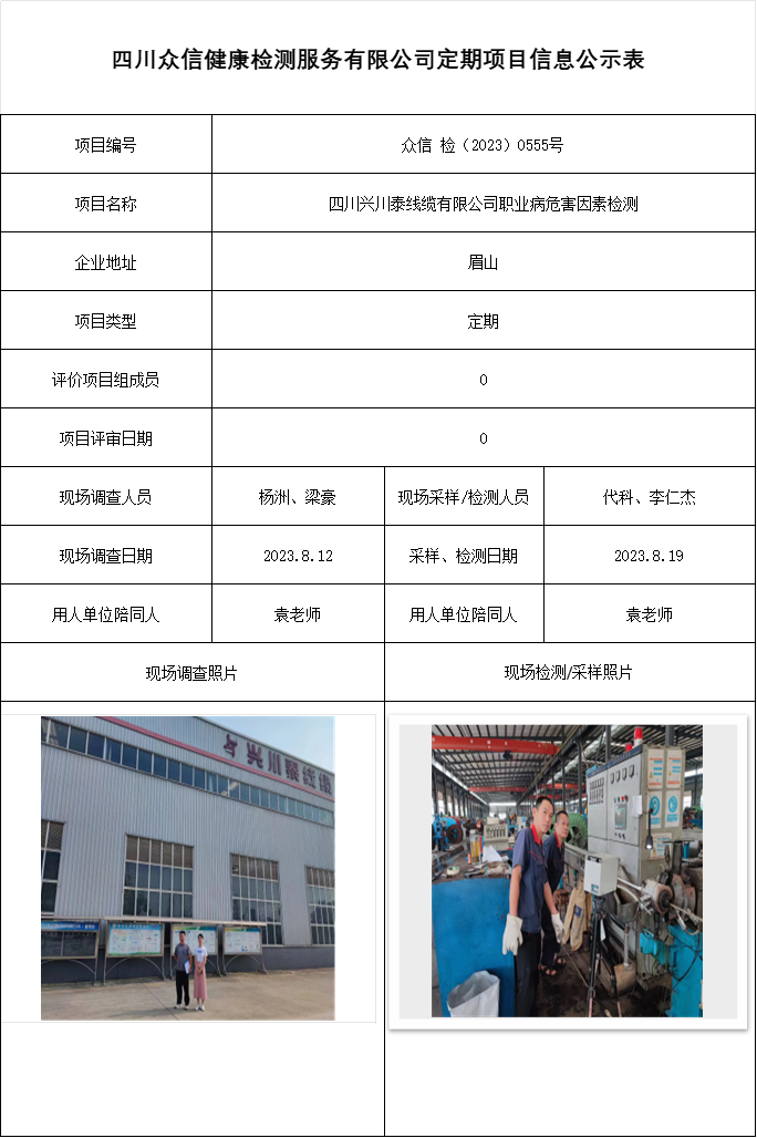 四川兴川泰线缆有限公司职业病危害因素检测