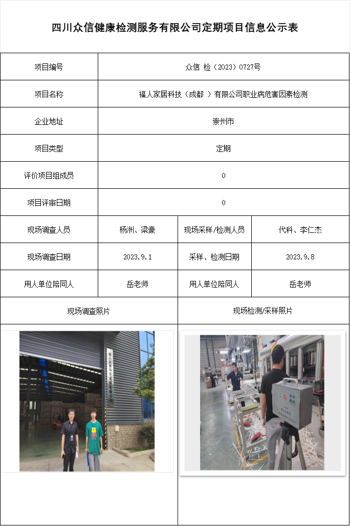 福人家居科技（成都 ）有限公司职业病危害因素检测